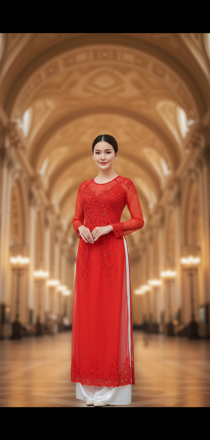 Áo Dài Cưới Đỏ Đính Kết Cao Cấp – Vẻ Đẹp Sang Trọng Từ AMVI - AA354