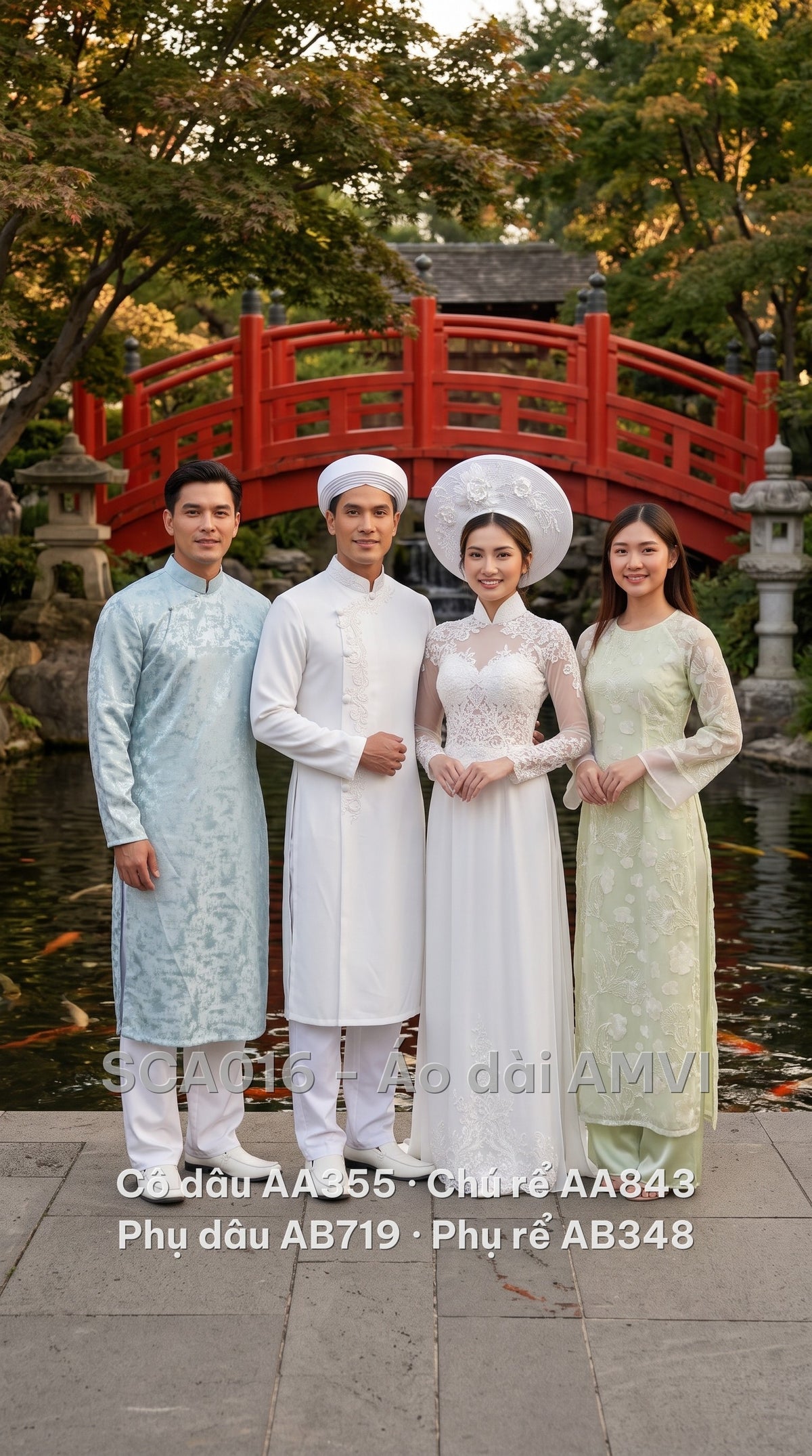 Trọn bộ áo dài cưới cô dâu, chú rể, phụ dâu, phụ rể — cô dâu mặc mã AA355