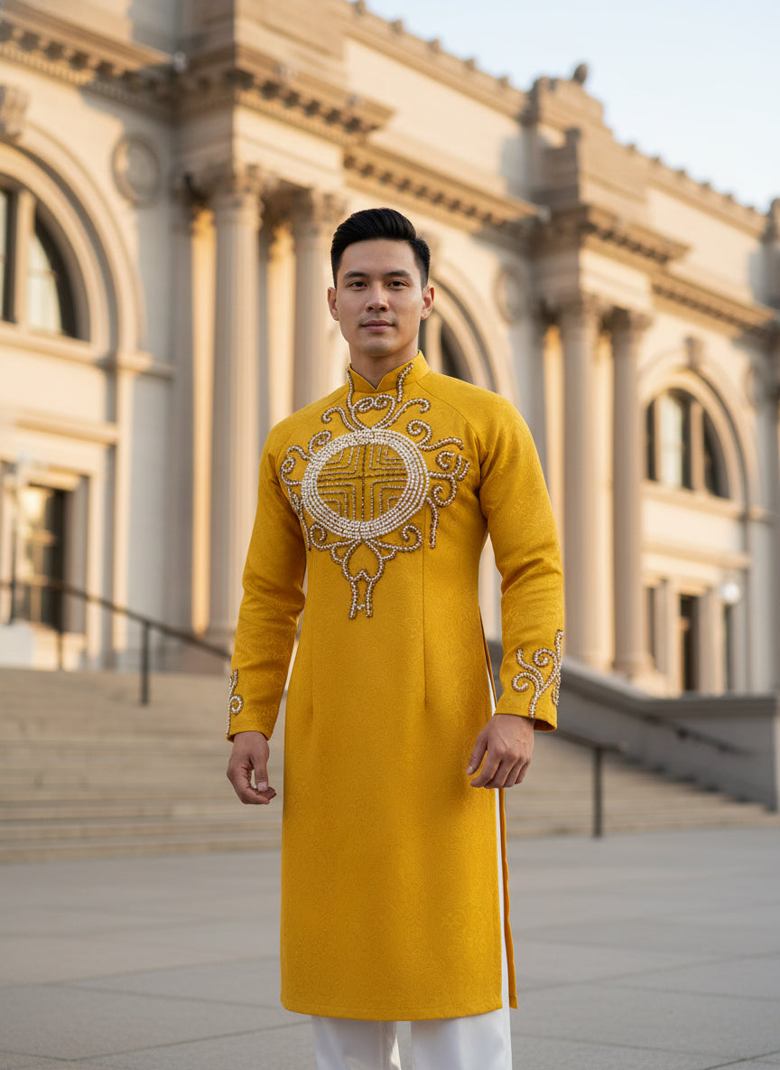 Áo Dài Nam Cách Tân Sắc Vàng Quyền Quý | AA575