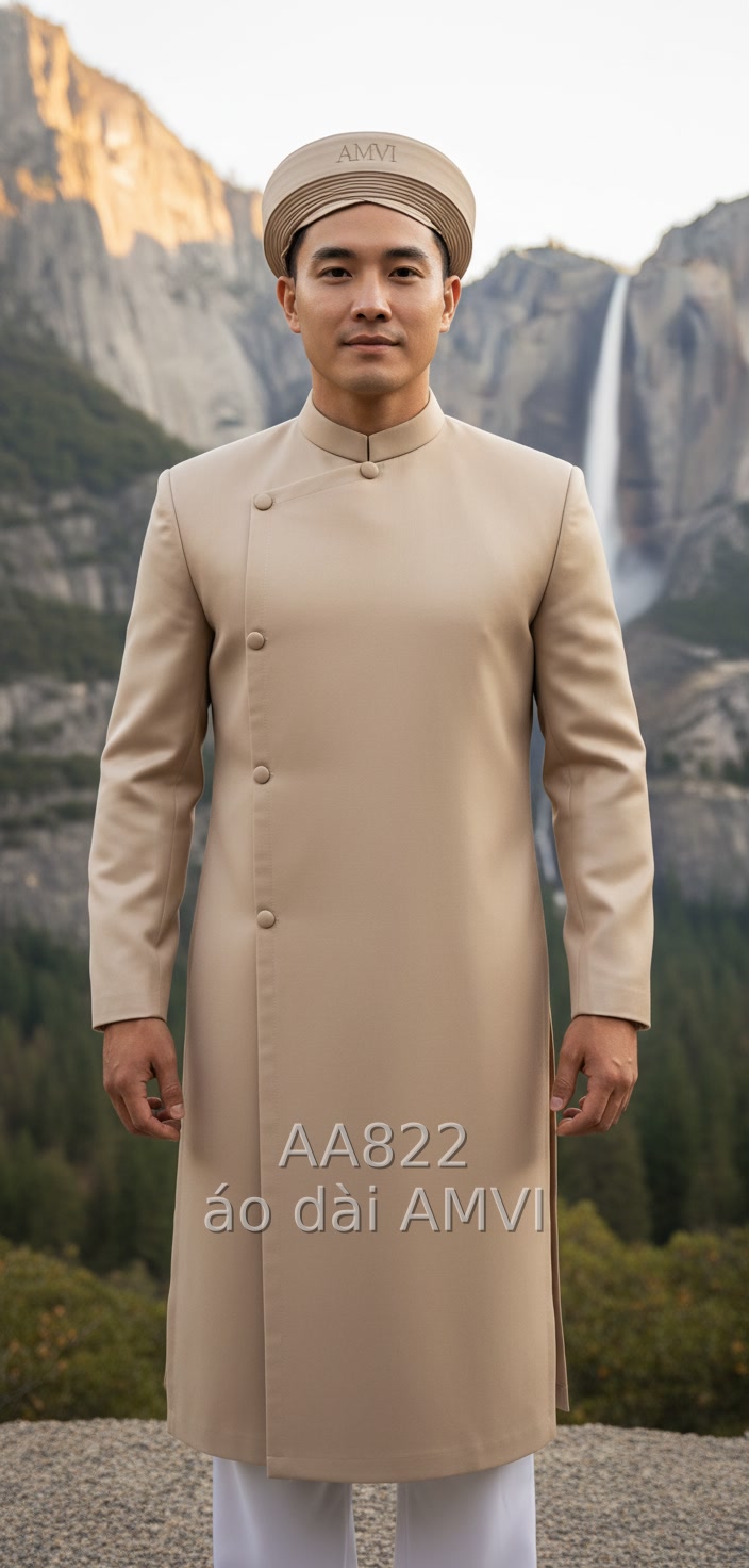 Áo dài màu be trơn tối giản, phong cách Việt tại Yosemite, mã AA822