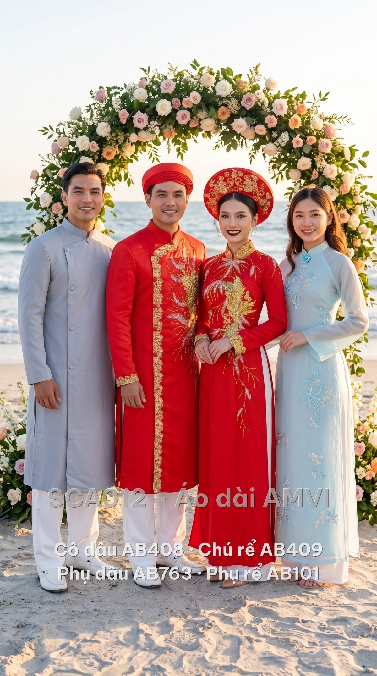 Trọn bộ áo dài cưới cô dâu, chú rể, phụ dâu, phụ rể — phụ rể mặc mã AB101