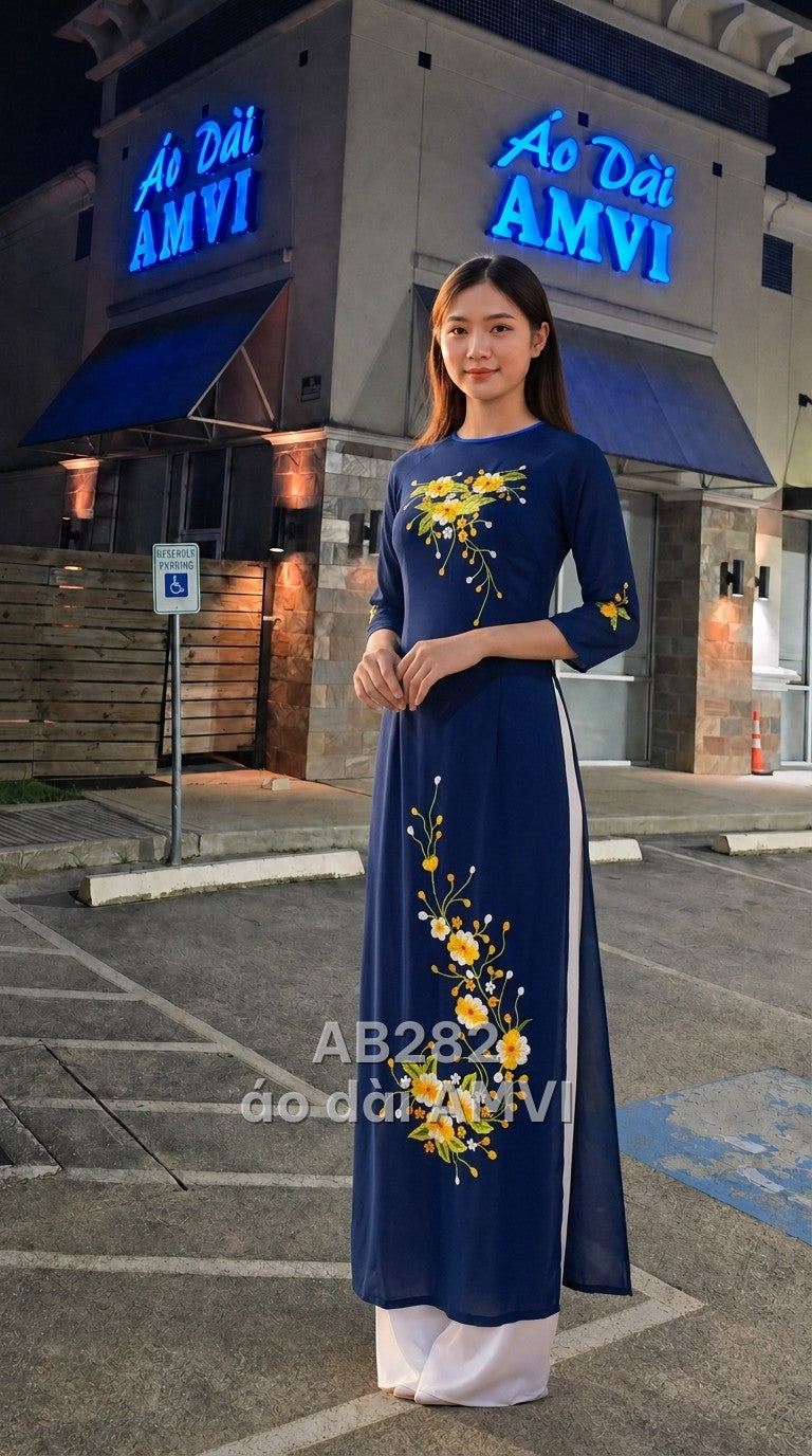 Áo dài xanh dương thêu hoa vàng cổ tròn tay lỡ thanh lịch, mã AB282