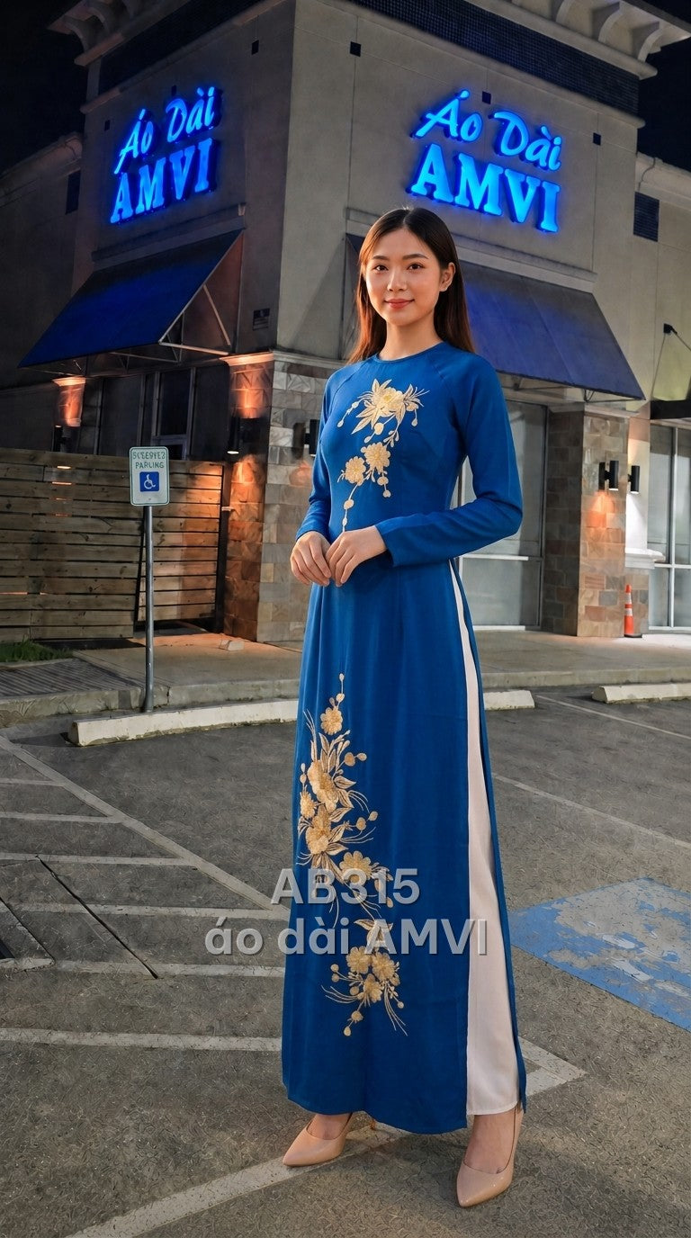 Áo dài vải xanh cổ tròn thêu hoa vàng kim duyên dáng, mã AB315
