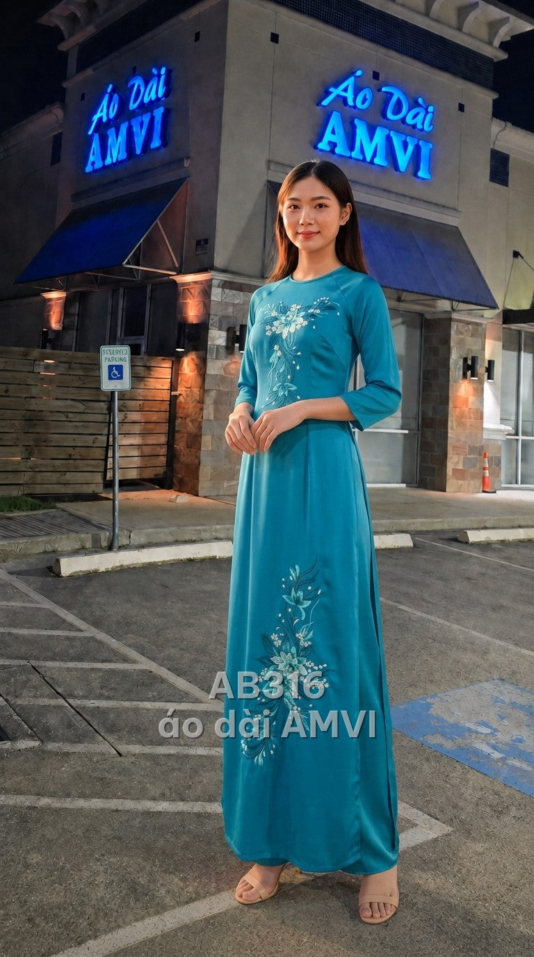 Áo dài lụa mềm xanh thêu hoa lá tinh xảo dự tiệc, mã AB316