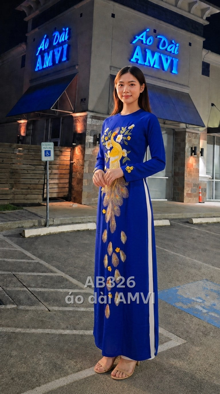 Áo dài lụa xanh cô ban thêu chim công hoa lá sang trọng dự tiệc, mã AB326