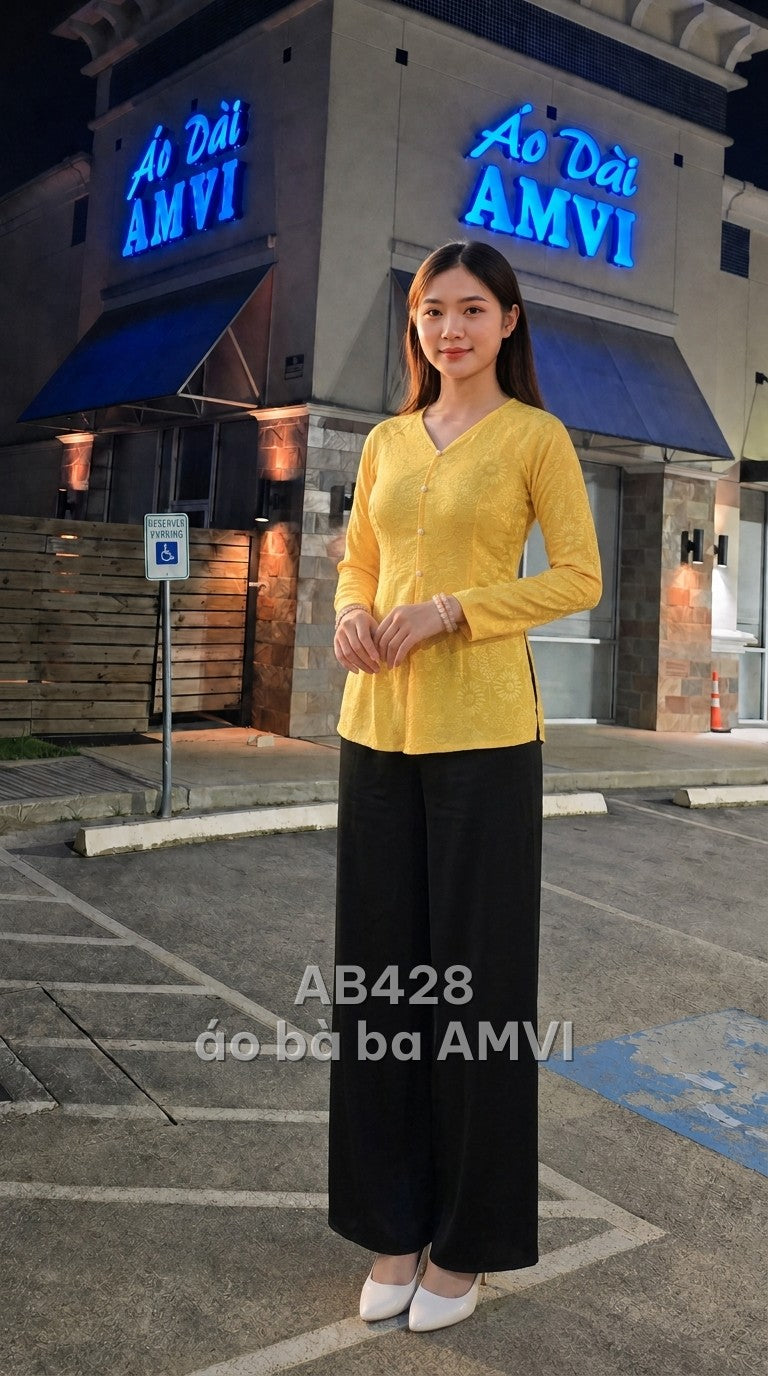 Áo dài vải hoa nổi màu vàng cổ điển nút tàu thanh lịch, mã AB428