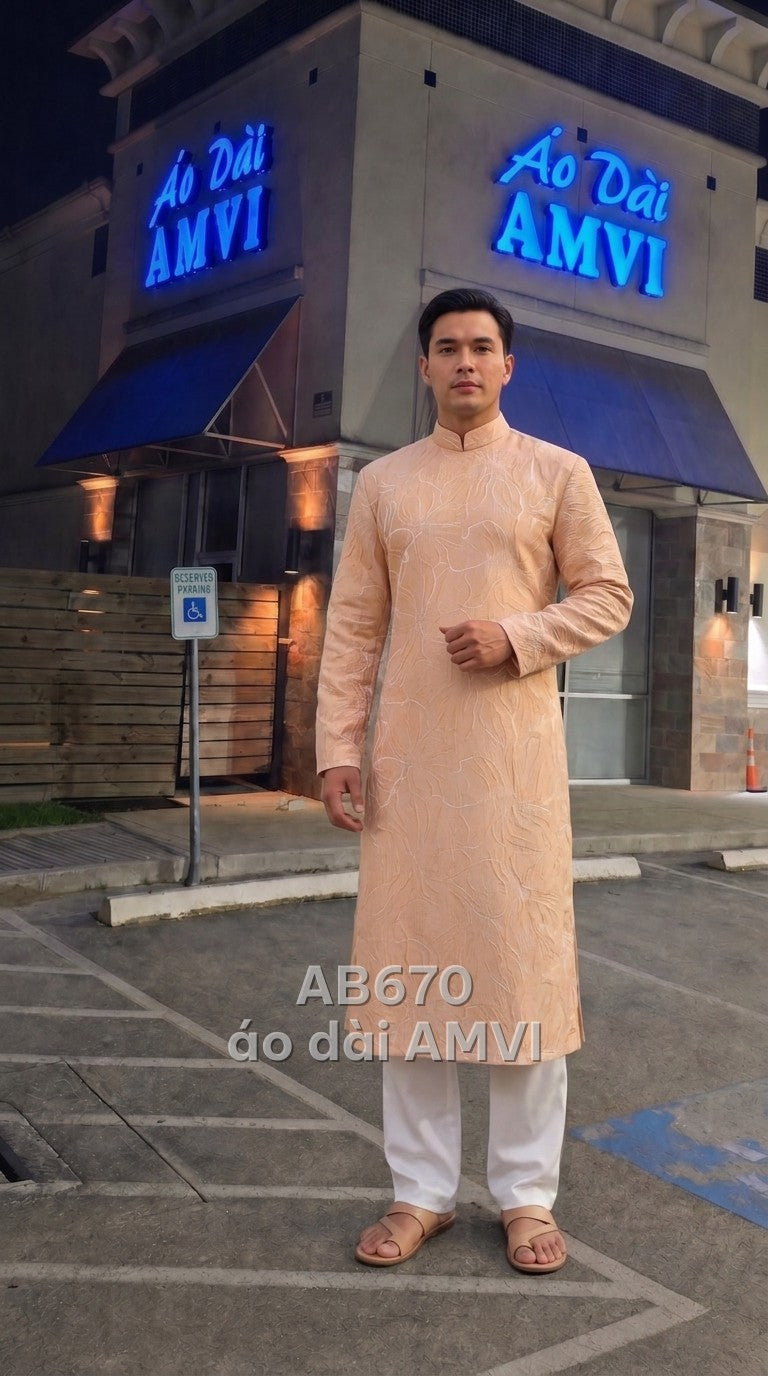 Áo dài nam màu be gấm be họa tiết chìm nổi thanh lịch dự tiệc, mã AB670