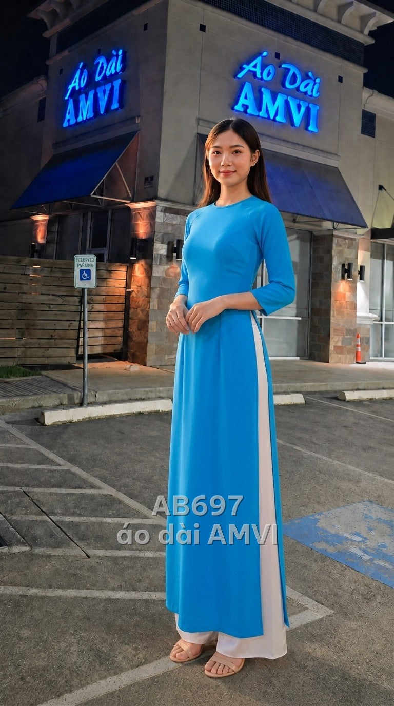 Áo dài xanh dương trơn thanh lịch dáng dài tay lửng duyên dáng, mã AB697