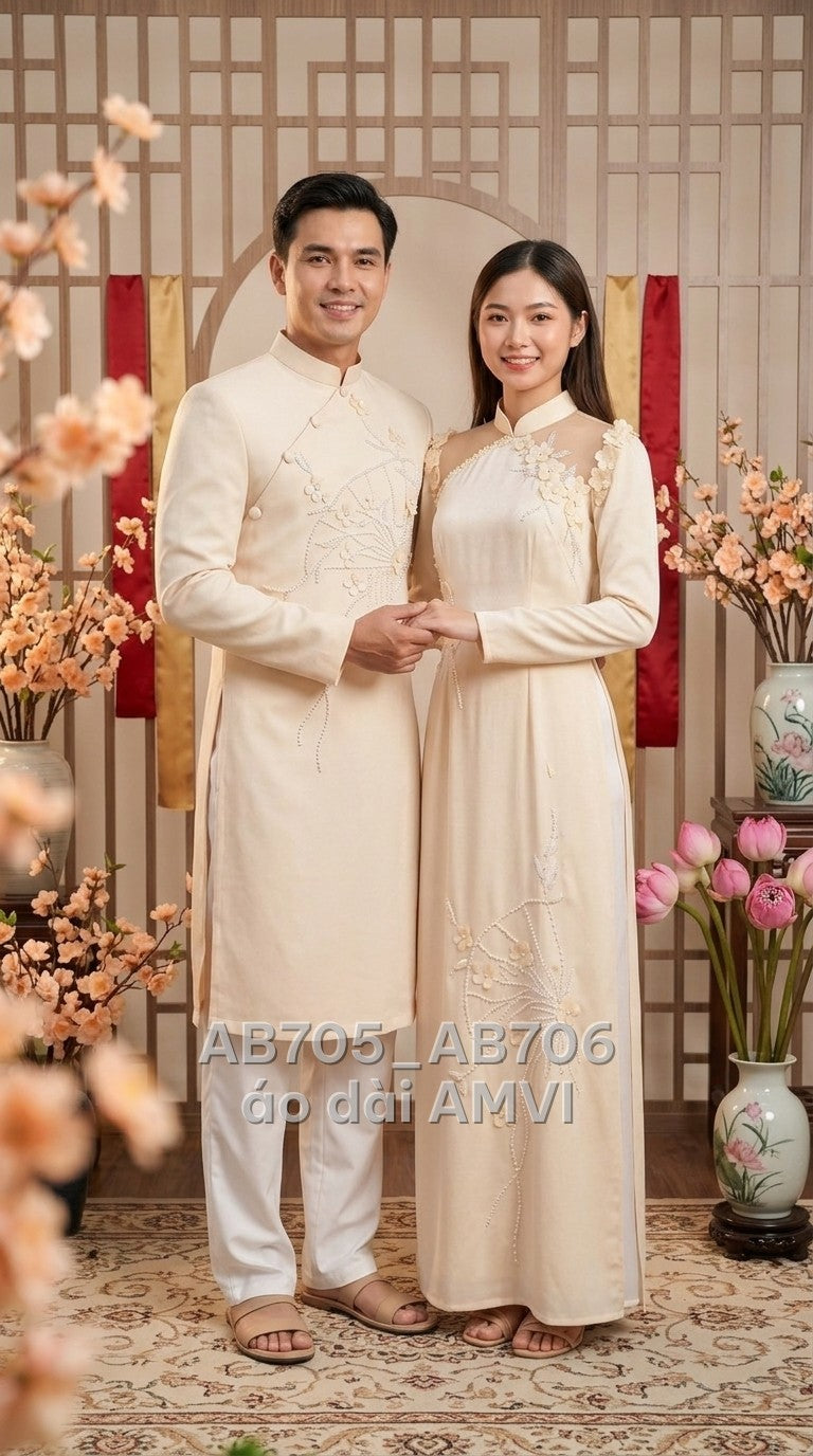 Áo dài cưới nam lụa kem thêu đính họa tiết sang trọng cho Nam cưới, ảnh chụp cặp đôi, mã AB705