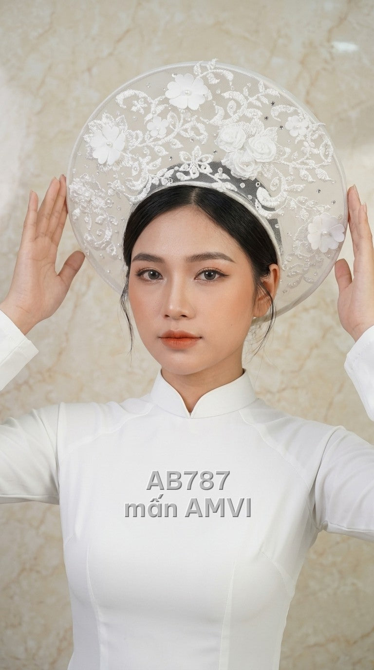 Mấn đội đầu lưới trắng thêu hoa ngọc trai lấp lánh truyền thống, mã AB787