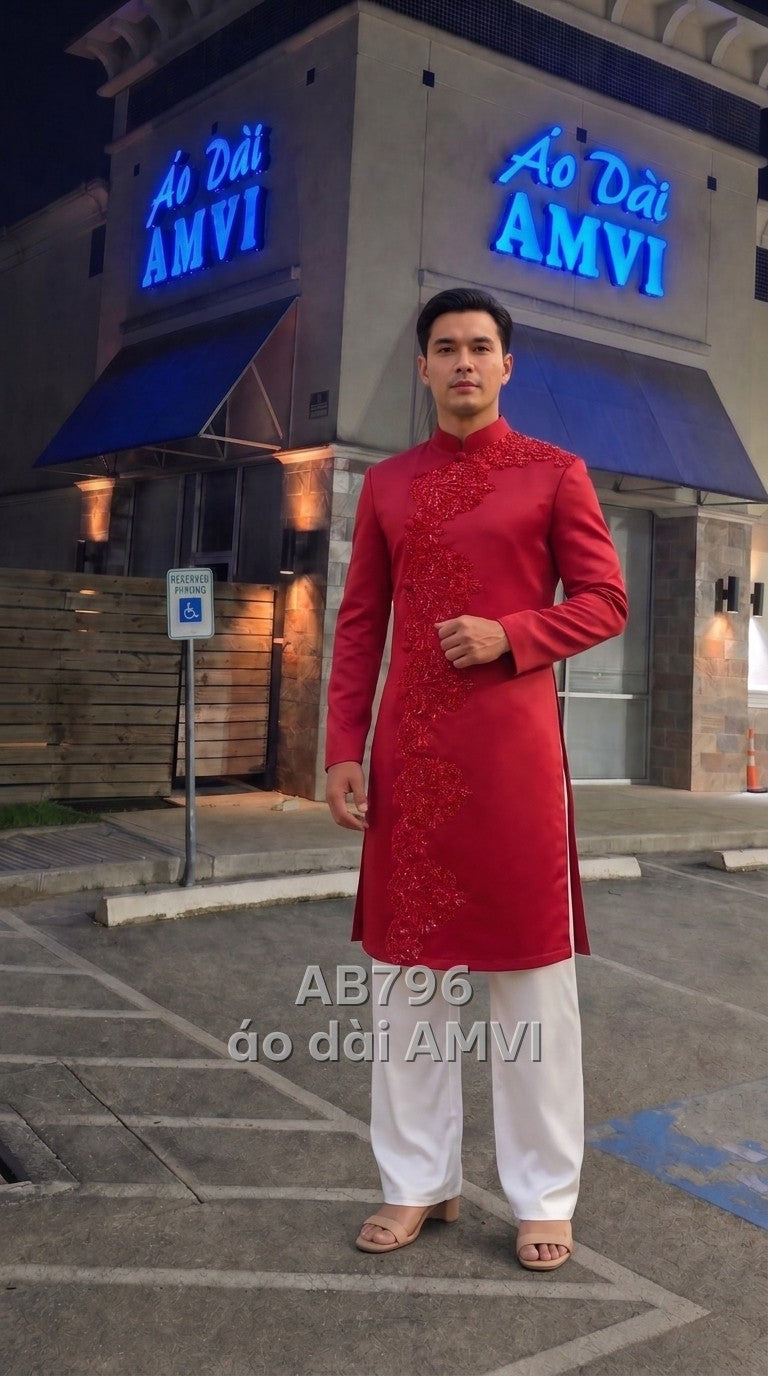 Áo dài cưới nam đỏ thêu hạt cườm khuy Tết dáng rộng cưới, mã AB796