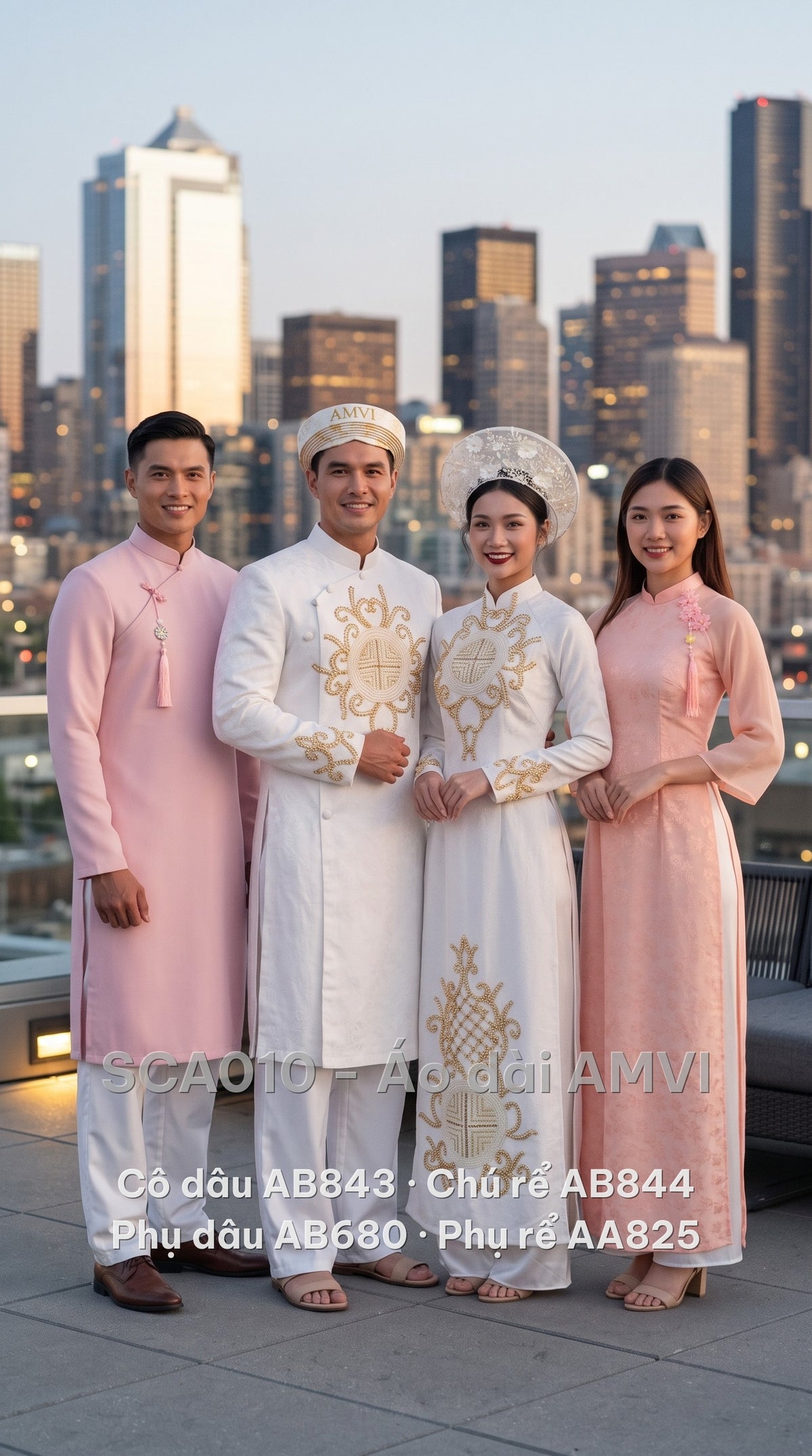 Trọn bộ áo dài cưới cô dâu, chú rể, phụ dâu, phụ rể — cô dâu mặc mã AB843
