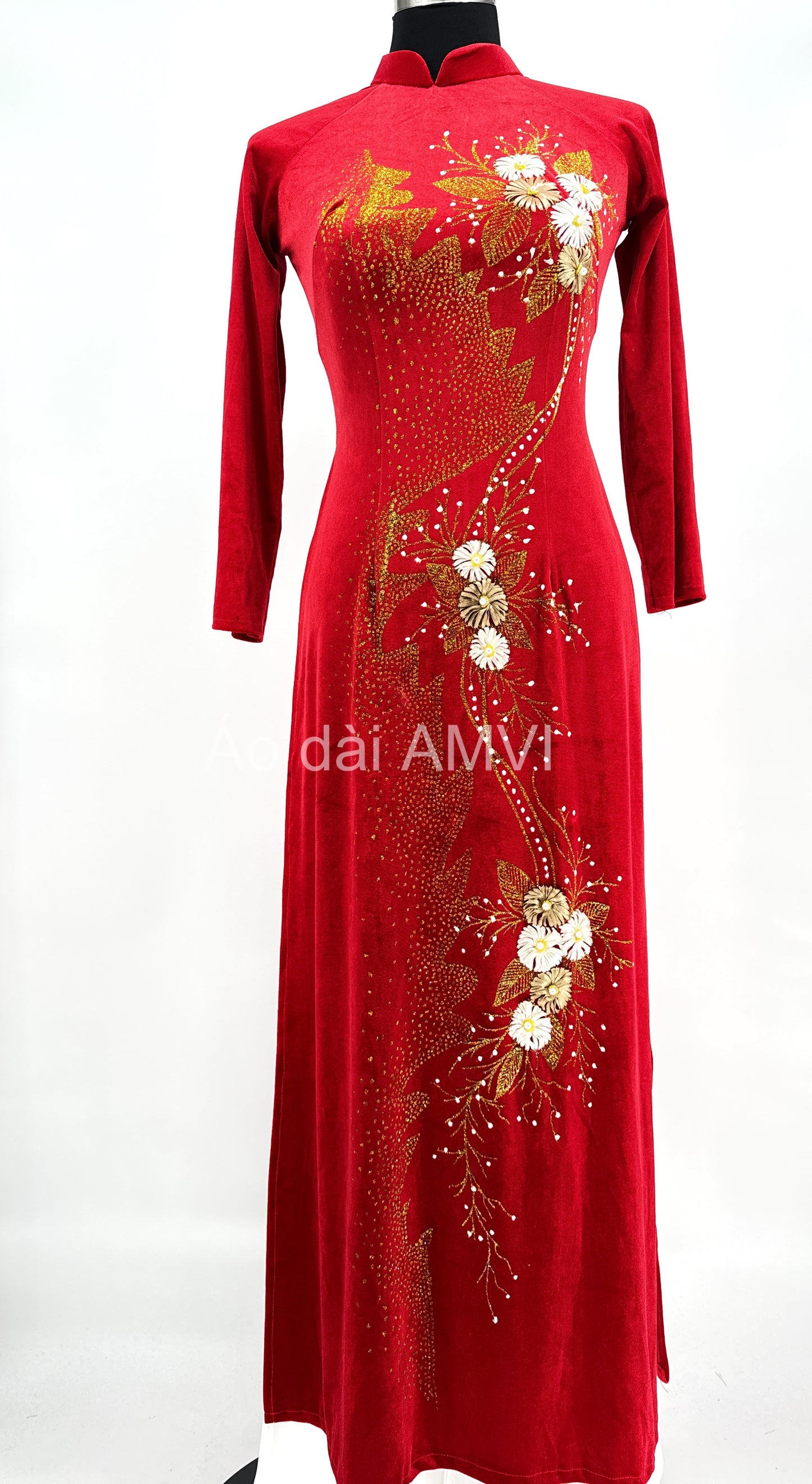 Shirt (No Pants) | Red Velvet Women's Ao Dai, Luxurious Beaded Evening Dress | BA321
