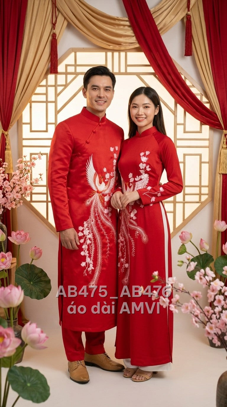 Áo dài cưới nam lụa đỏ thêu phượng hoàng đính cườm truyền thống, ảnh chụp cặp đôi, mã AB476