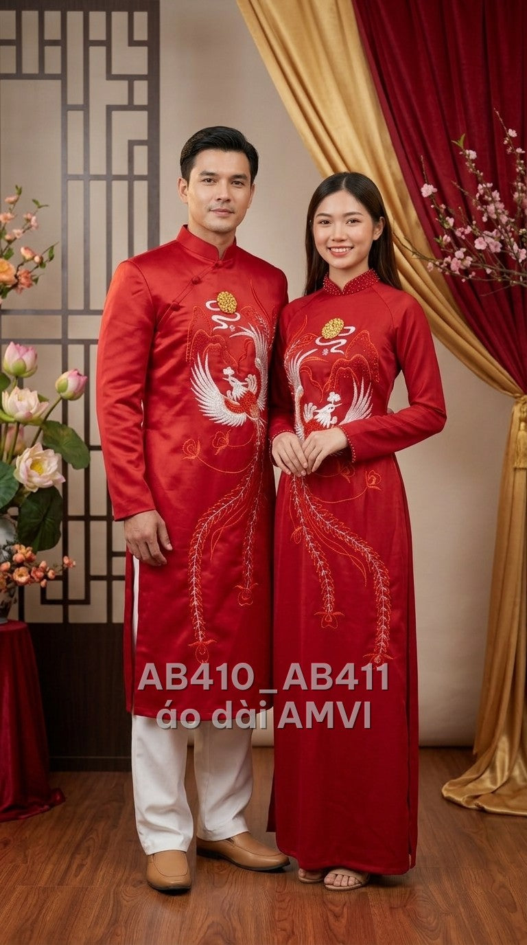 Áo dài cưới nam lụa đỏ thêu phượng hoàng cổ tàu lấp lánh dự tiệc, ảnh chụp cặp đôi, mã AB410