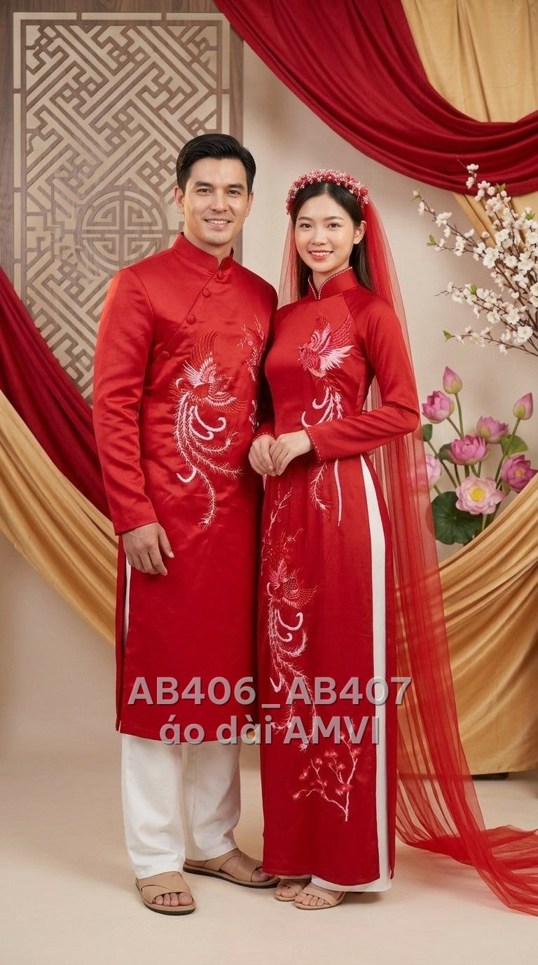 Áo dài cưới gấm đỏ thêu phượng hoàng truyền thống sang trọng dịp cưới, ảnh chụp cặp đôi, mã AB407