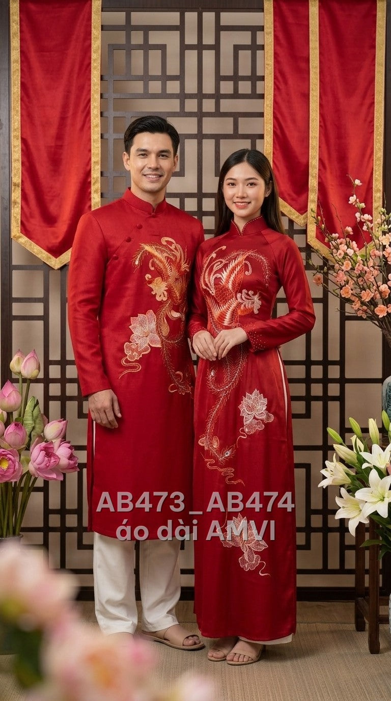 Áo dài cưới lụa đỏ thêu phượng hoàng sen lễ hội sang trọng, ảnh chụp cặp đôi, mã AB473