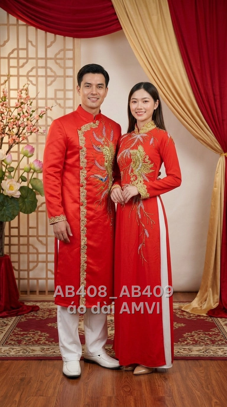 Áo dài cưới nam lụa đỏ thêu phượng hoàng cặp đôi cưới hỏi sang trọng, ảnh chụp cặp đôi, mã AB409