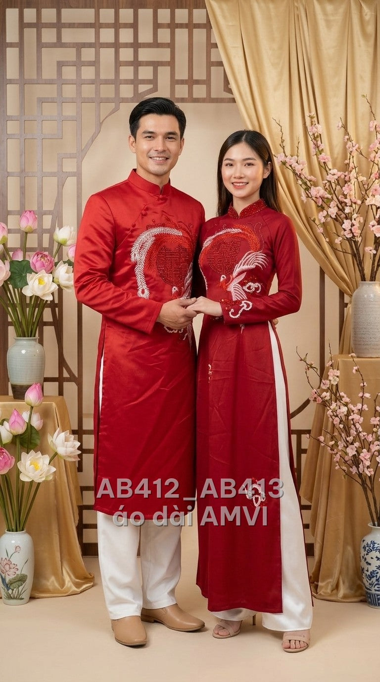 Áo dài cưới nam lụa gấm đỏ thêu phượng hoàng sang trọng dự tiệc, ảnh chụp cặp đôi, mã AB413