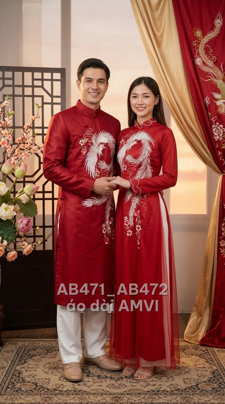 Áo dài cưới nam lụa gấm đỏ thêu phượng hoàng uy nghi truyền thống, ảnh chụp cặp đôi, mã AB472