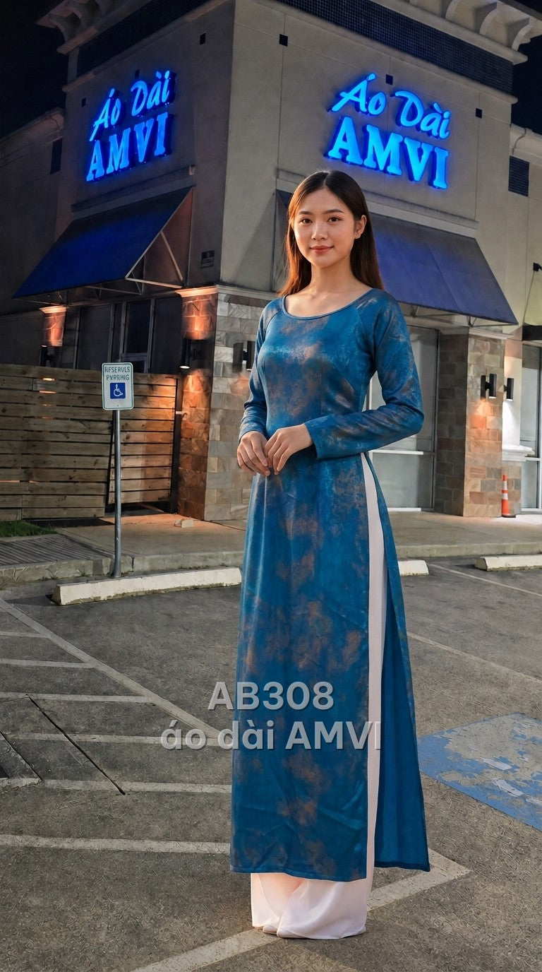 Áo - Lụa Xanh Dương Họa Tiết Vân Đá Trừu Tượng Cổ Tròn Dự Tiệc - AB308