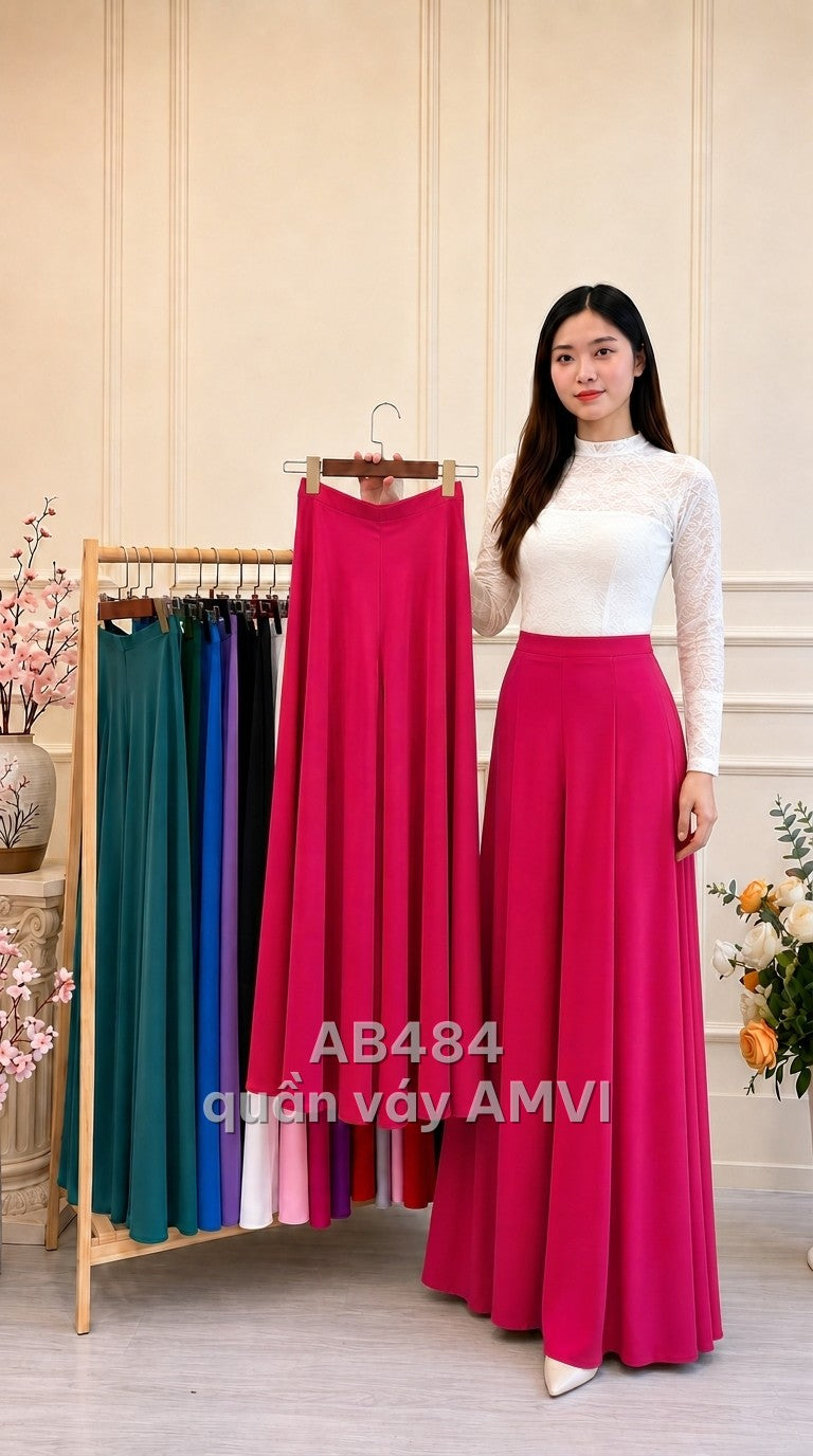 Quần lụa mặc với áo dài vải mềm hồng dáng rộng bay bổng cạp chun, mã AB484
