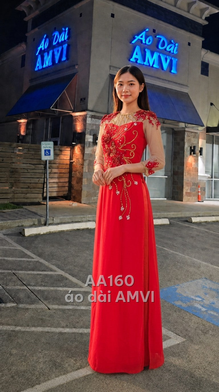 Áo dài dạ hội kết hợp váy bên trong, lụa đỏ thêu hoa hồng voan cổ đính cườm sang trọng dự tiệc, mã AA160