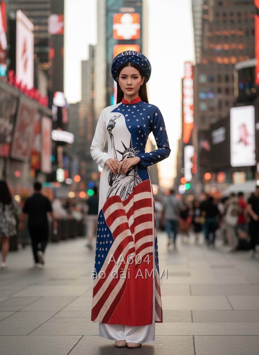 Áo Dài Nữ Trẻ Trung Họa Tiết Mỹ - Vẻ Đẹp Việt Tại Times Square - AA604