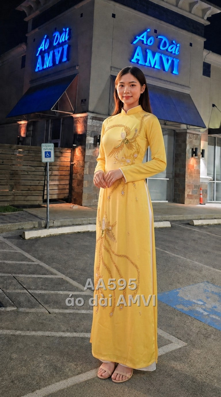 Áo - Lụa Vàng Thêu Chim Phượng Đính Cườm Lấp Lánh Dự Tiệc - AA595
