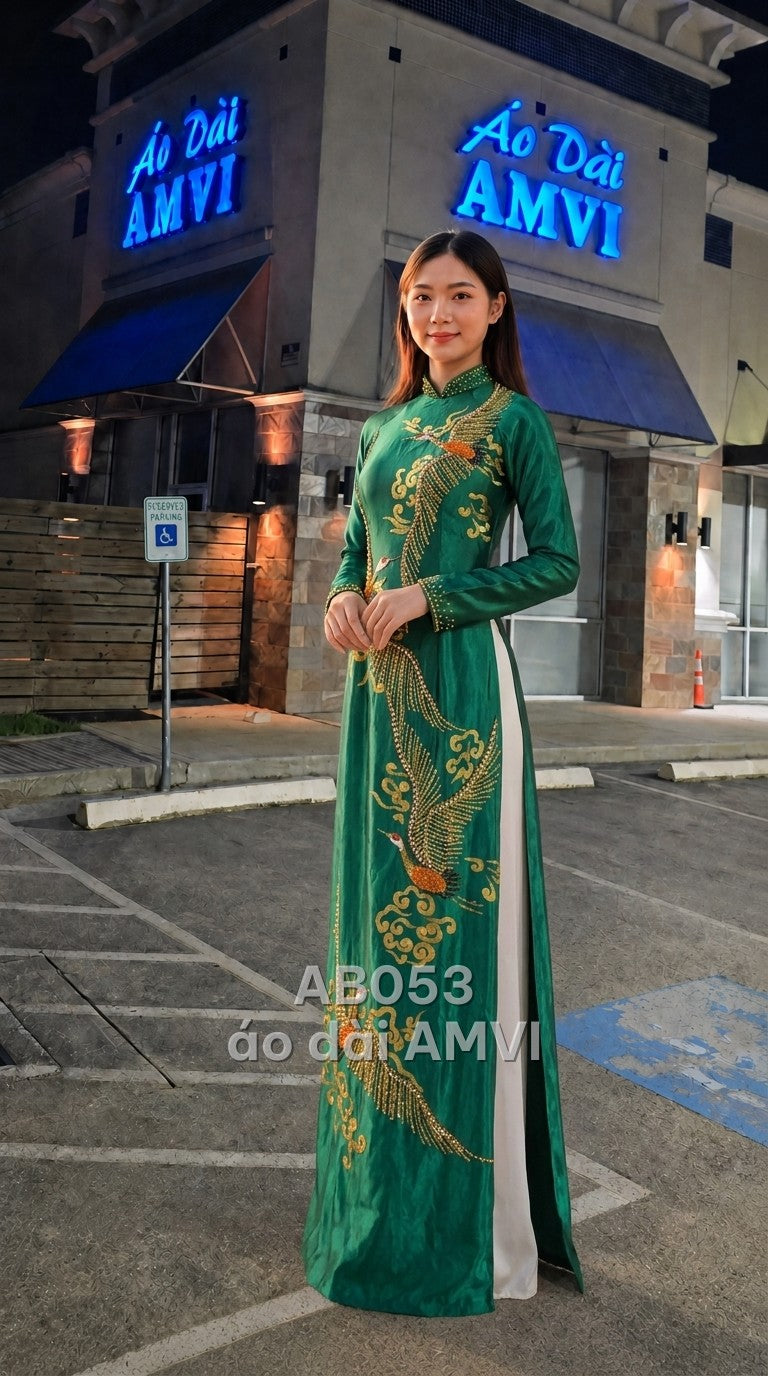 Áo - Lụa Bóng Xanh Lá Thêu Hạc Vàng Cổ Điển Lộng Lẫy Dự Tiệc - AB053
