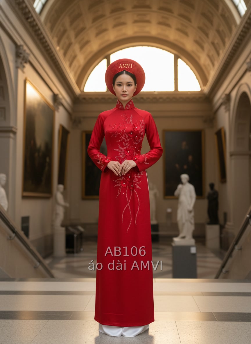 Áo dài dạ hội đỏ rực hoa nổi tại The Met, New York, mã AB106
