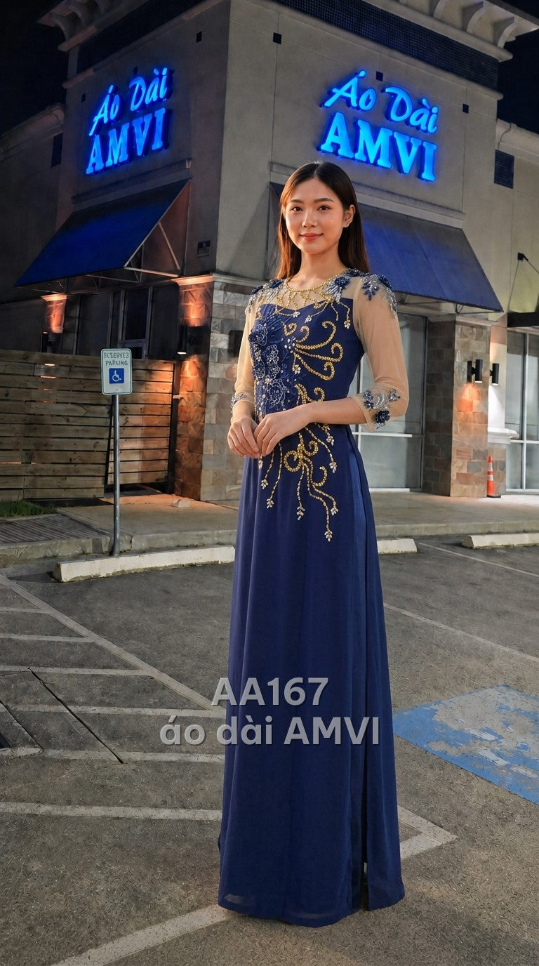 Áo dài dạ hội kết hợp váy bên trong, voan xanh thêu hoa đắp nổi lấp lánh đính cườm dự tiệc, mã AA167
