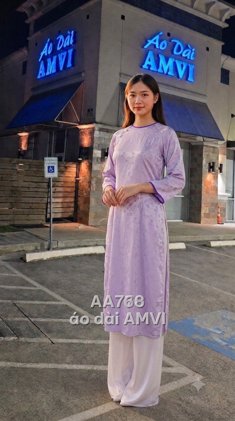 Áo - Lụa Tím Hoa Nhí Dệt Chìm Cổ Tròn Tay Dài Sang Trọng - AA768