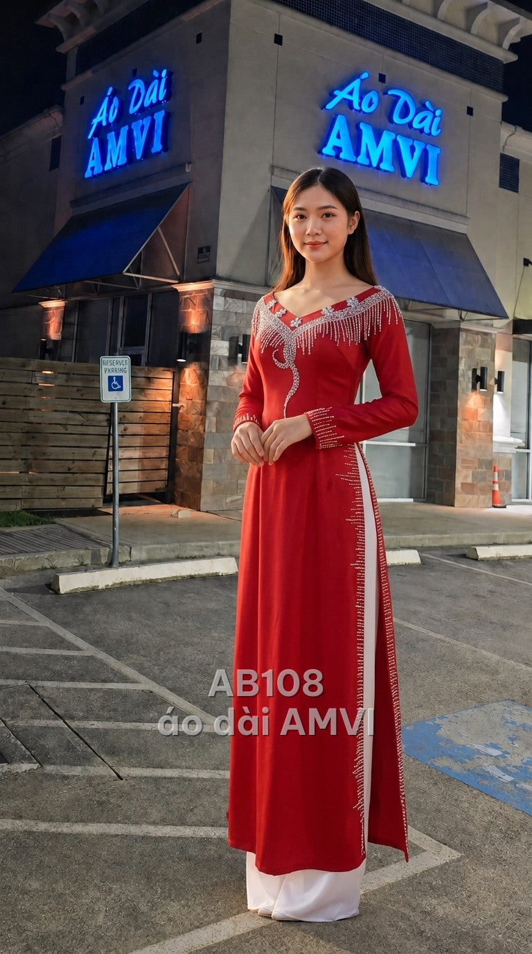Áo - Lụa Đỏ Đính Cườm Họa Tiết Sóng Sang Trọng Dự Tiệc - AB108