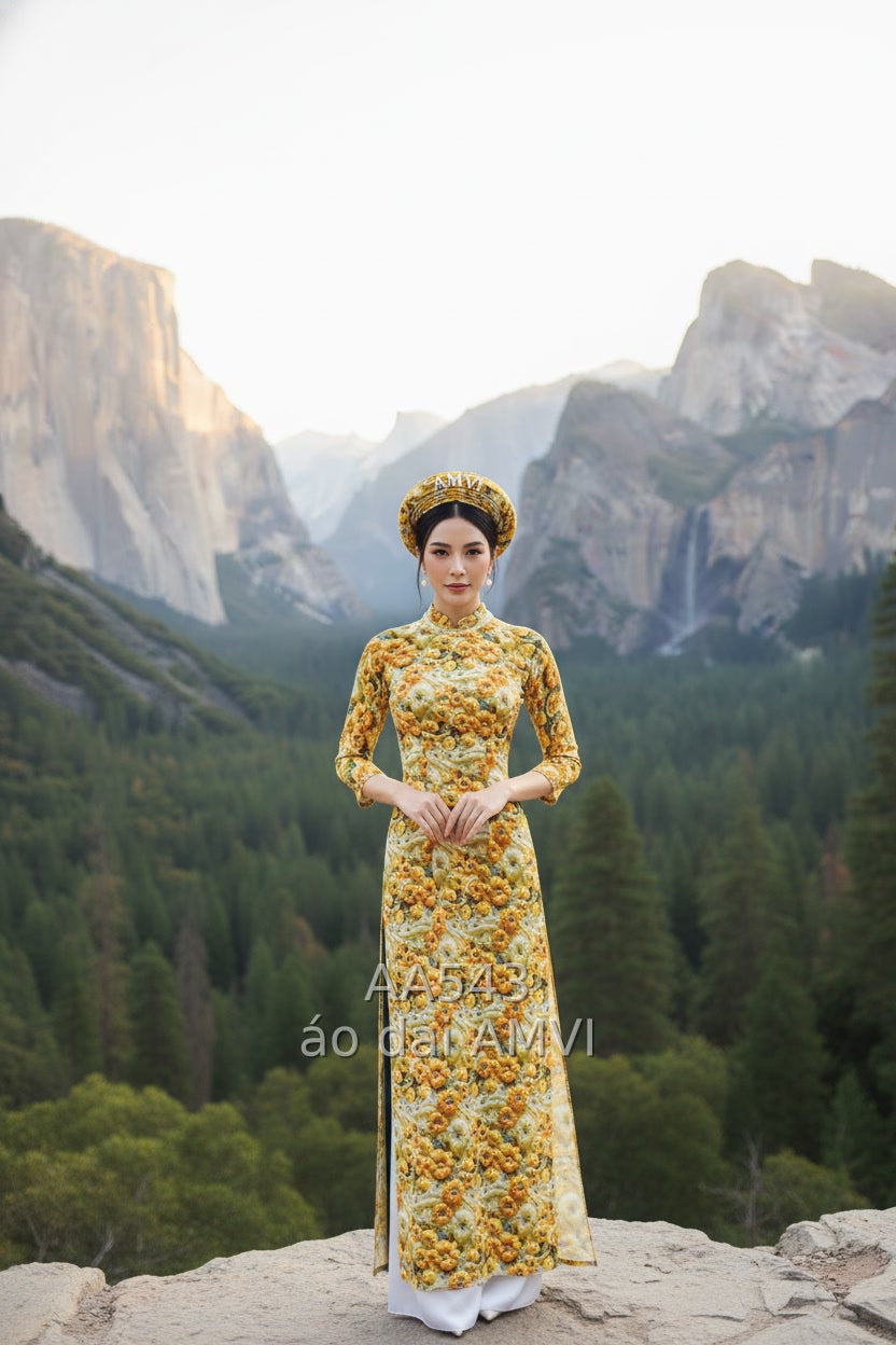 Áo Dài Truyền Thống Vàng Họa Tiết Hoa - Vẻ Đẹp Việt tại Yosemite - AA543