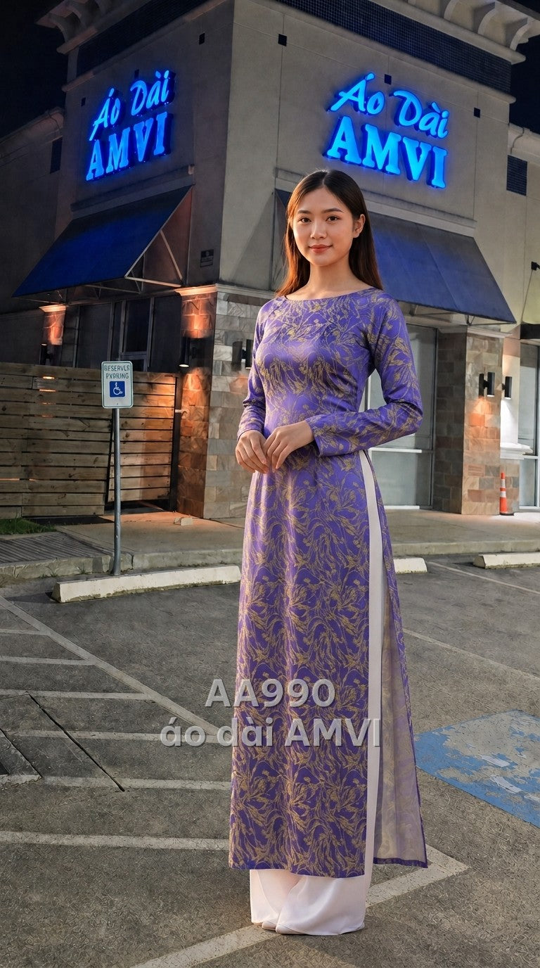 Áo - Lụa Tím Hoa Vàng Kim Sang Trọng Dự Tiệc - AA990