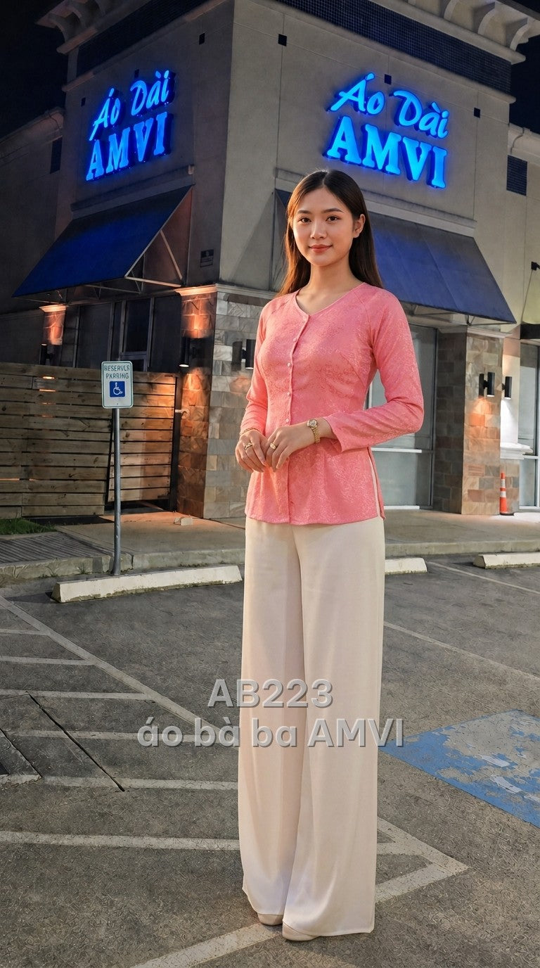 Áo - Hồng Họa Tiết Chìm Cổ V Cúc Ngọc Duyên Dáng - AB223