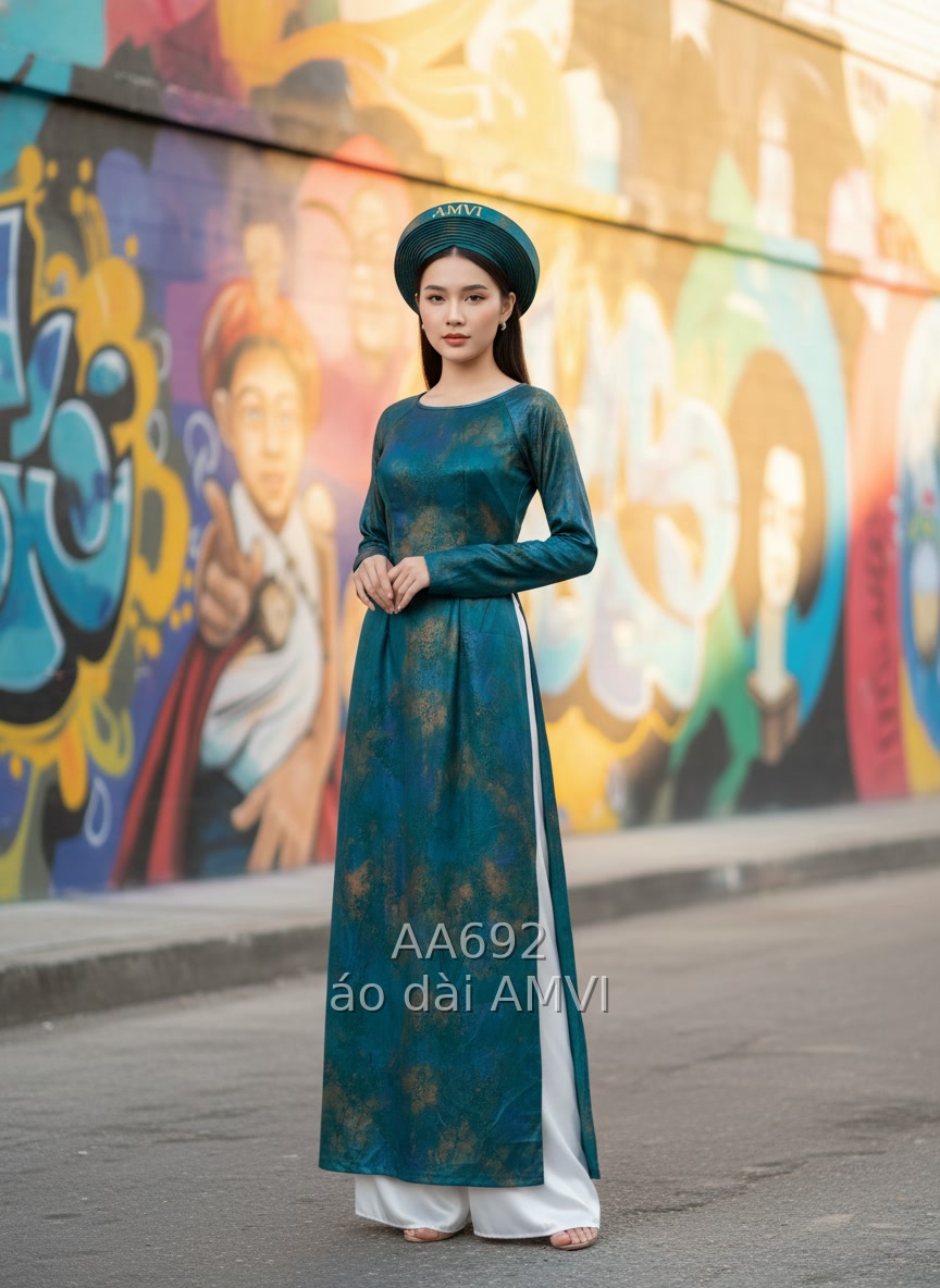 Áo dài trẻ trung xanh ngọc bích, vẻ đẹp hiện đại tại Wynwood Miami, mã AA692