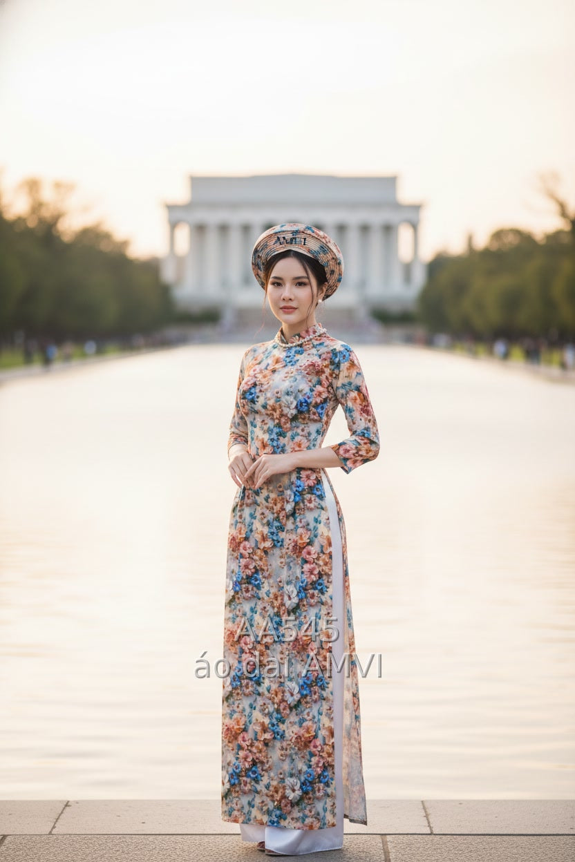 Áo Dài Truyền Thống Họa Tiết Hoa Lớn – Vẻ Đẹp Việt Tại Washington D.C. - AA545