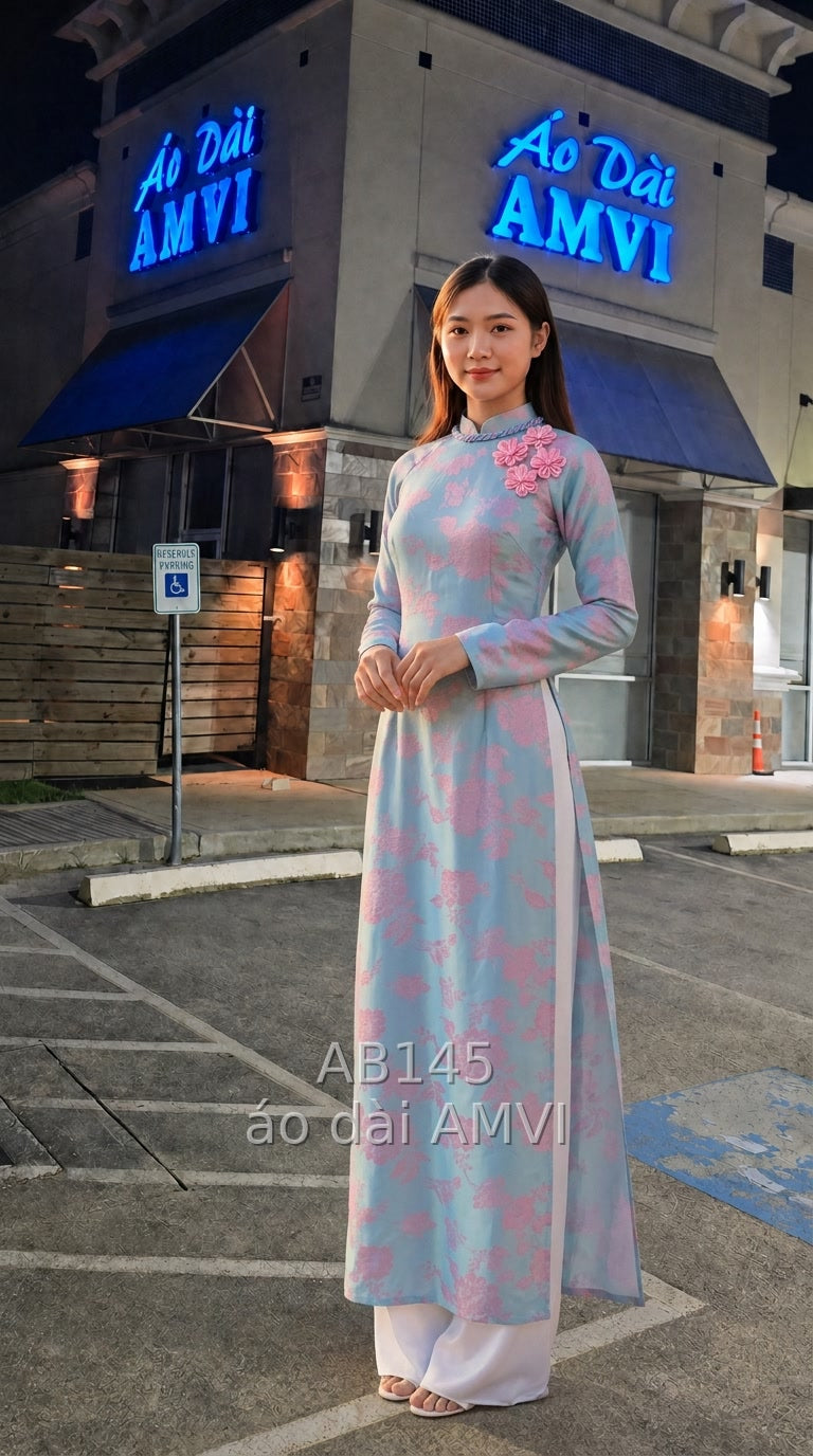 Áo dài truyền thống xanh hồng họa tiết hoa hồng dịu dàng tại San Francisco, mã AB145