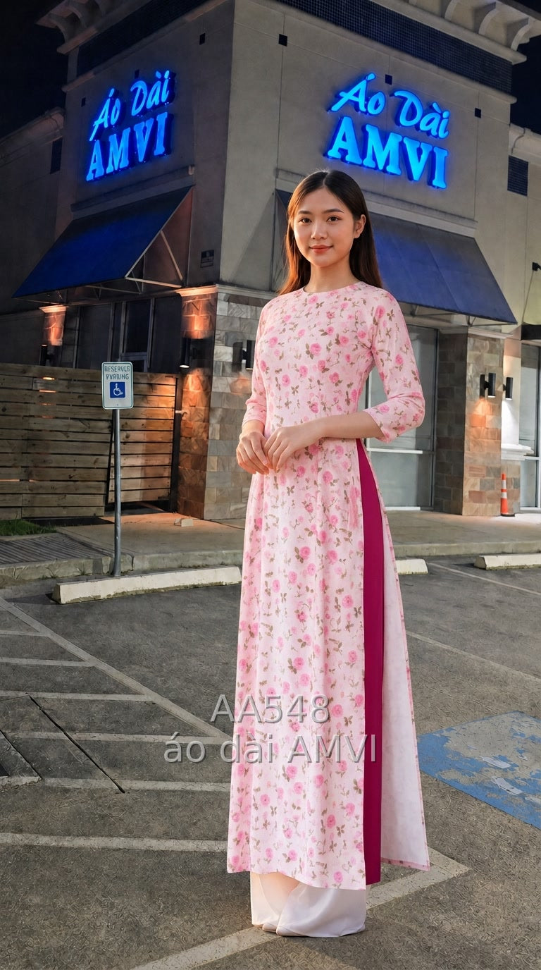 Áo Dài Hồng Nhạt Họa Tiết Hoa Hồng Tay Lỡ Thanh Lịch Dự Tiệc - AA548