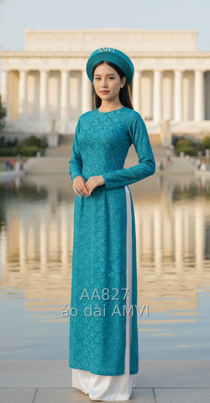 Áo Dài Truyền Thống Xanh Ngọc Họa Tiết Hoa Chìm Nữ Tính - AA827