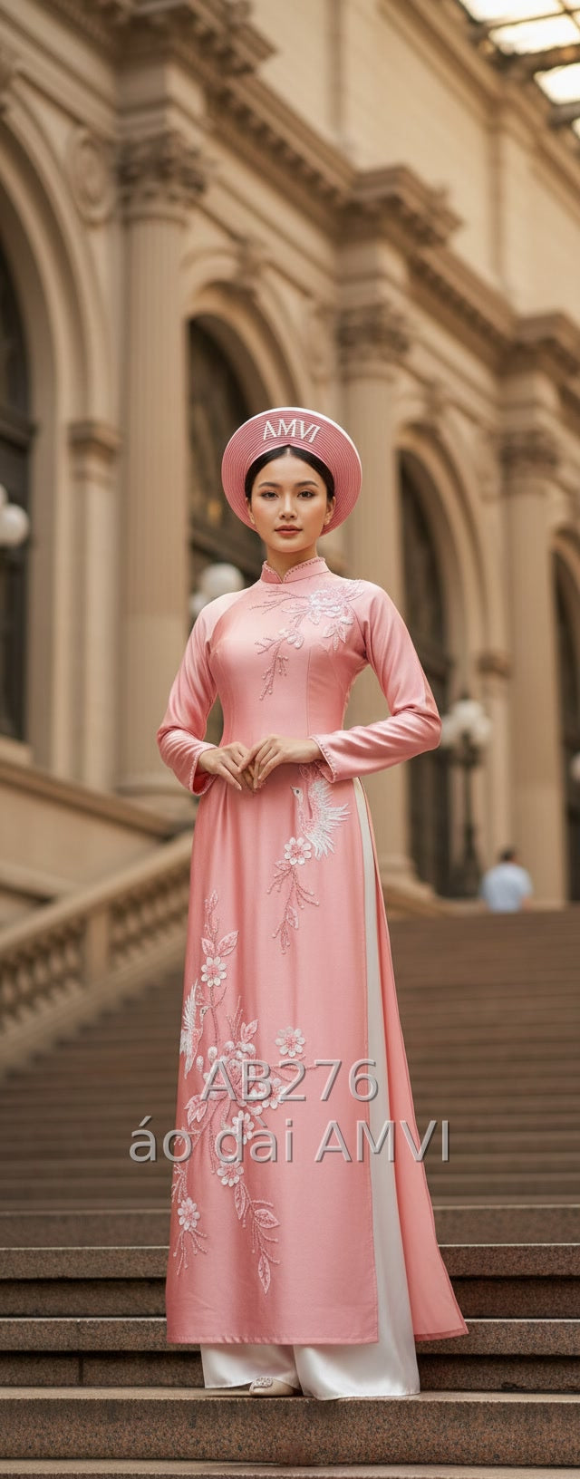 Áo dài dạ hội hồng đào thêu hoa chim 3D lộng lẫy tại New York, mã AB276