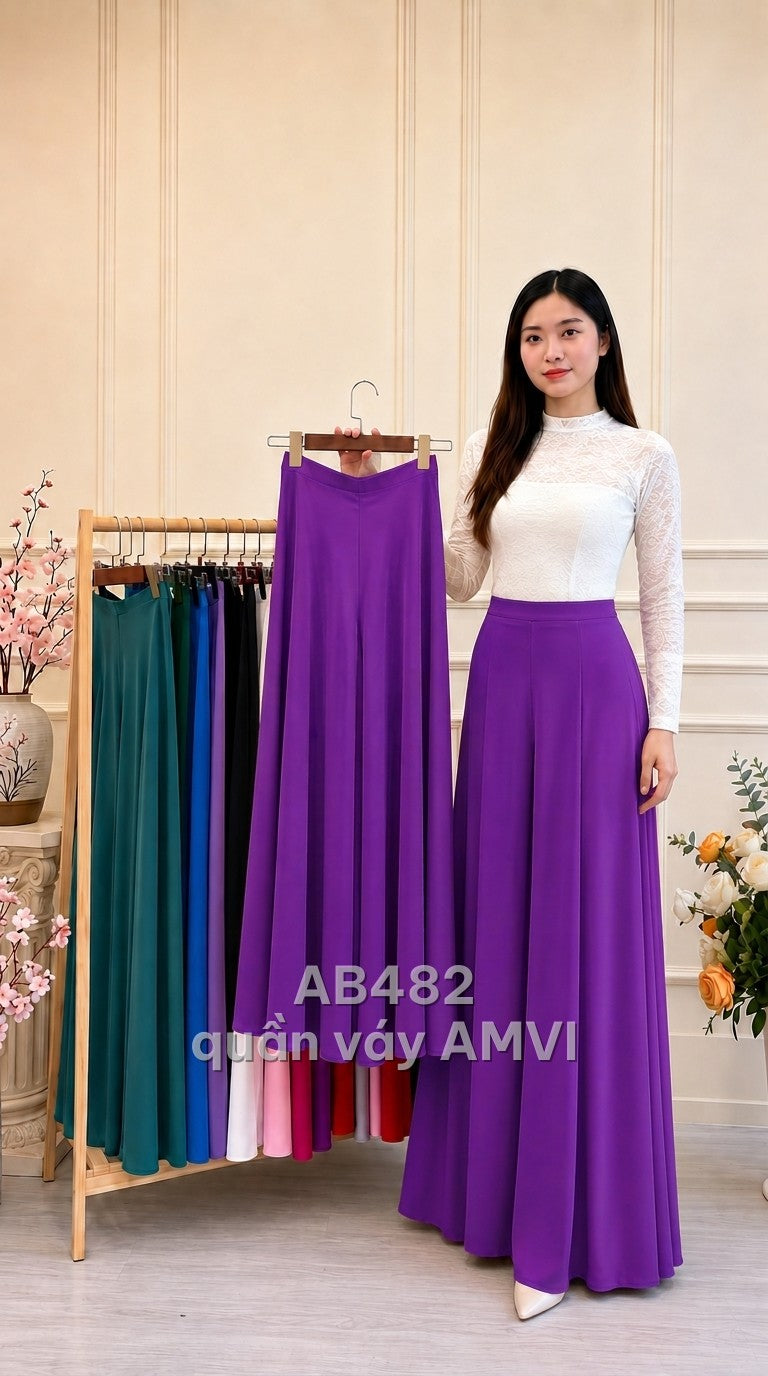 Quần lụa mặc với áo dài vải mềm rũ tím đậm dáng váy thanh lịch hiện đại, mã AB482
