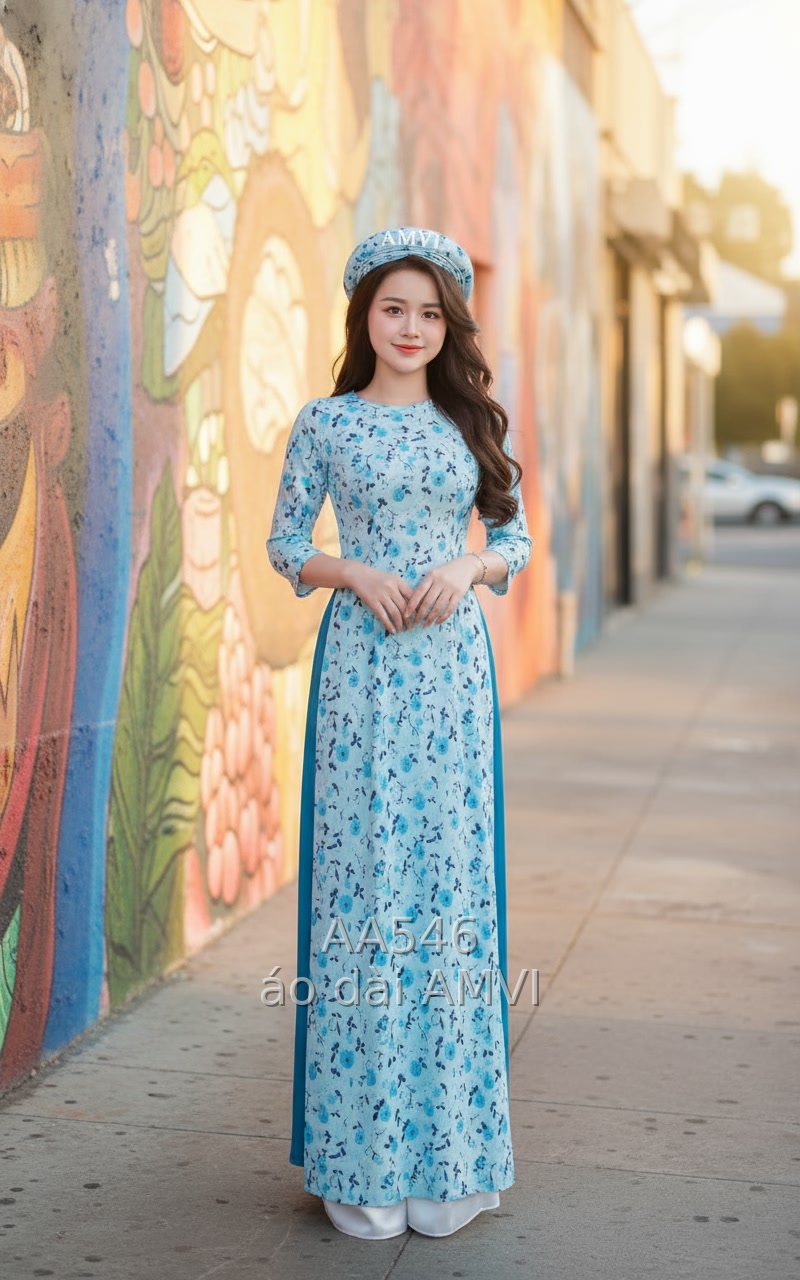 Áo Dài Xanh Họa Tiết Hoa: Vẻ Đẹp Việt Tại Little Saigon - AA546