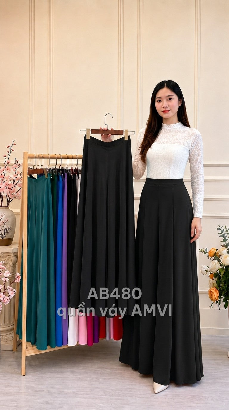 Quần lụa mặc với áo dài vải mềm rũ đen dáng suông rộng thanh lịch, mã AB480