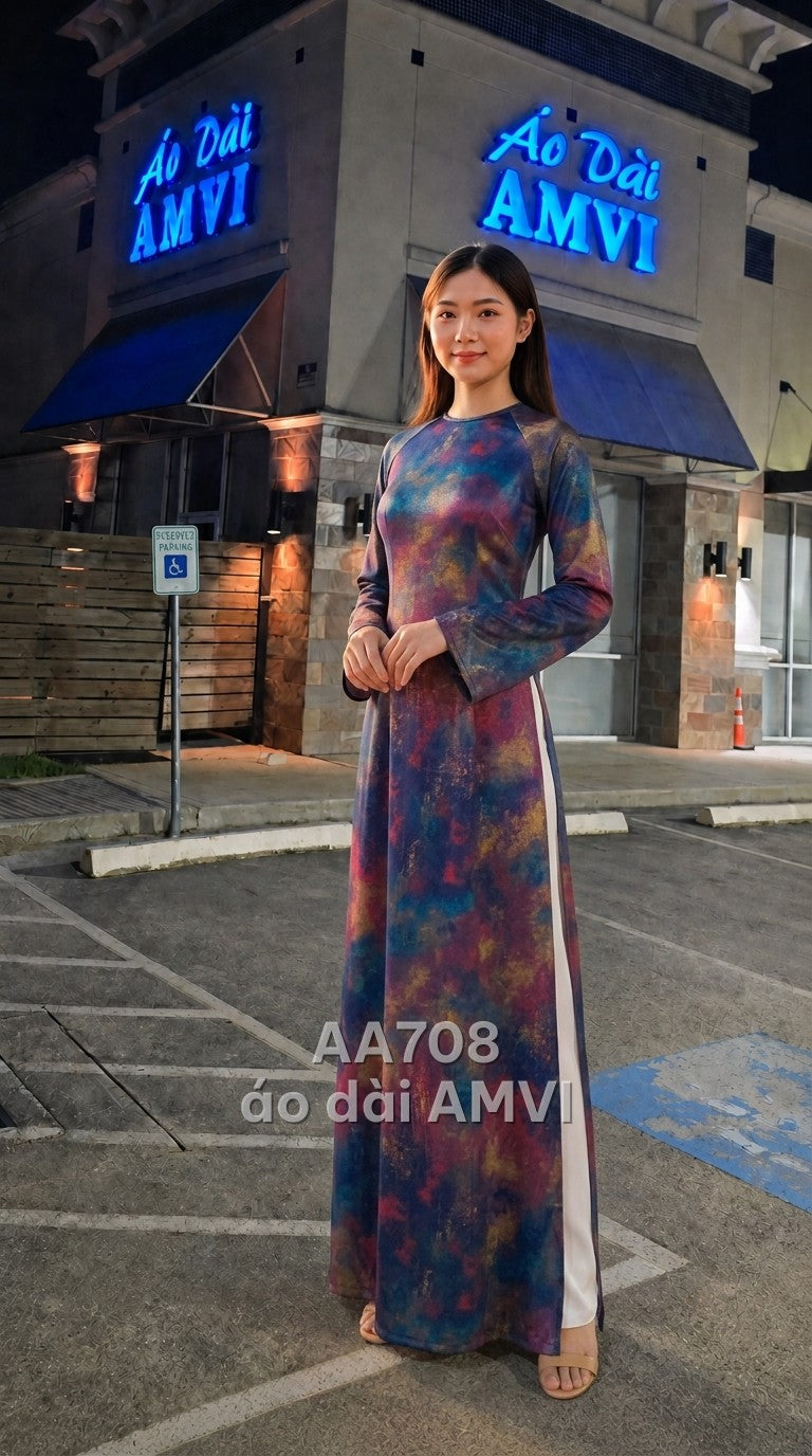 Áo - Lụa Pha Họa Tiết Trừu Tượng Màu Xanh Loang Nghệ Thuật - AA708