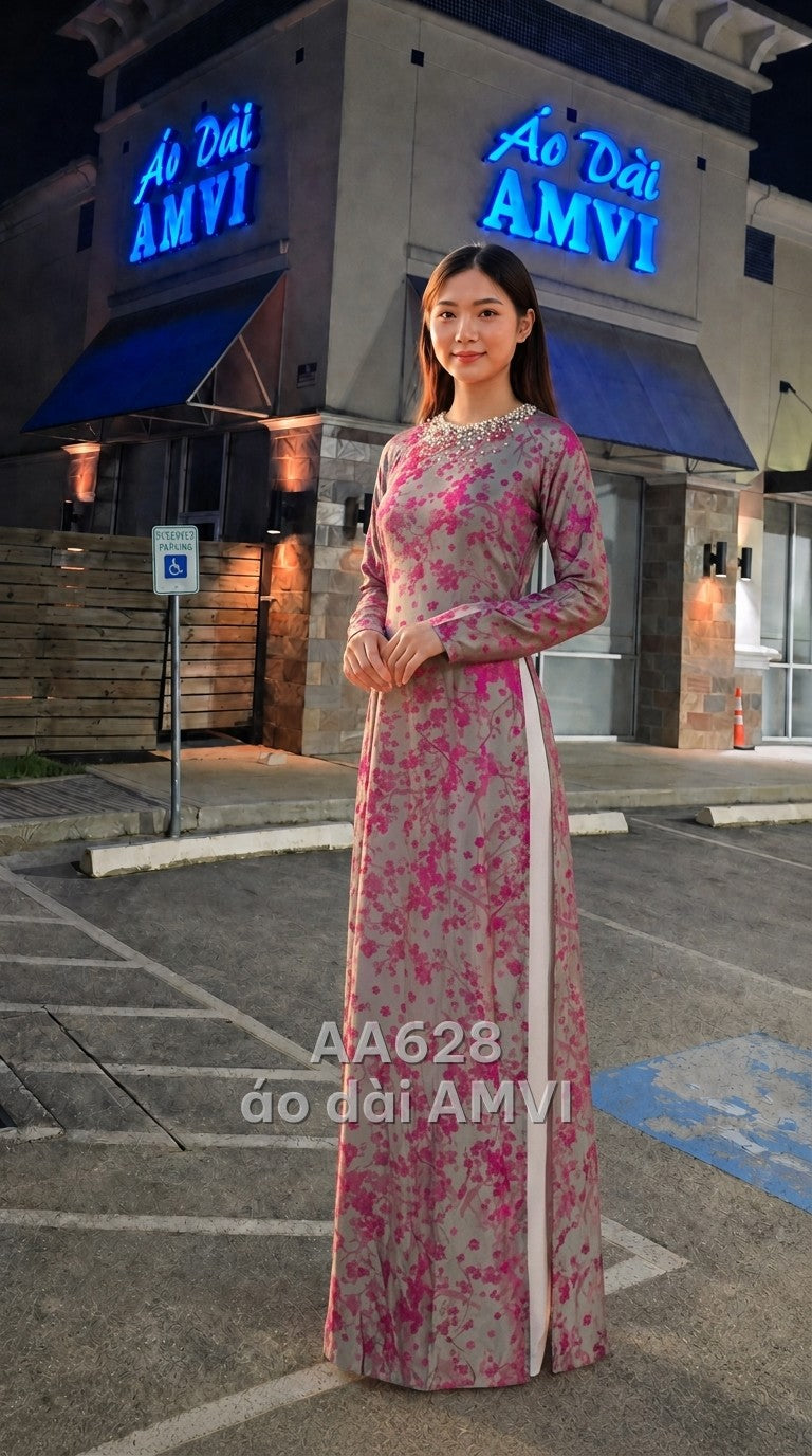 Áo - Vải Xám Họa Tiết Hồng Tinh Xảo Đính Ngọc Trai - AA628