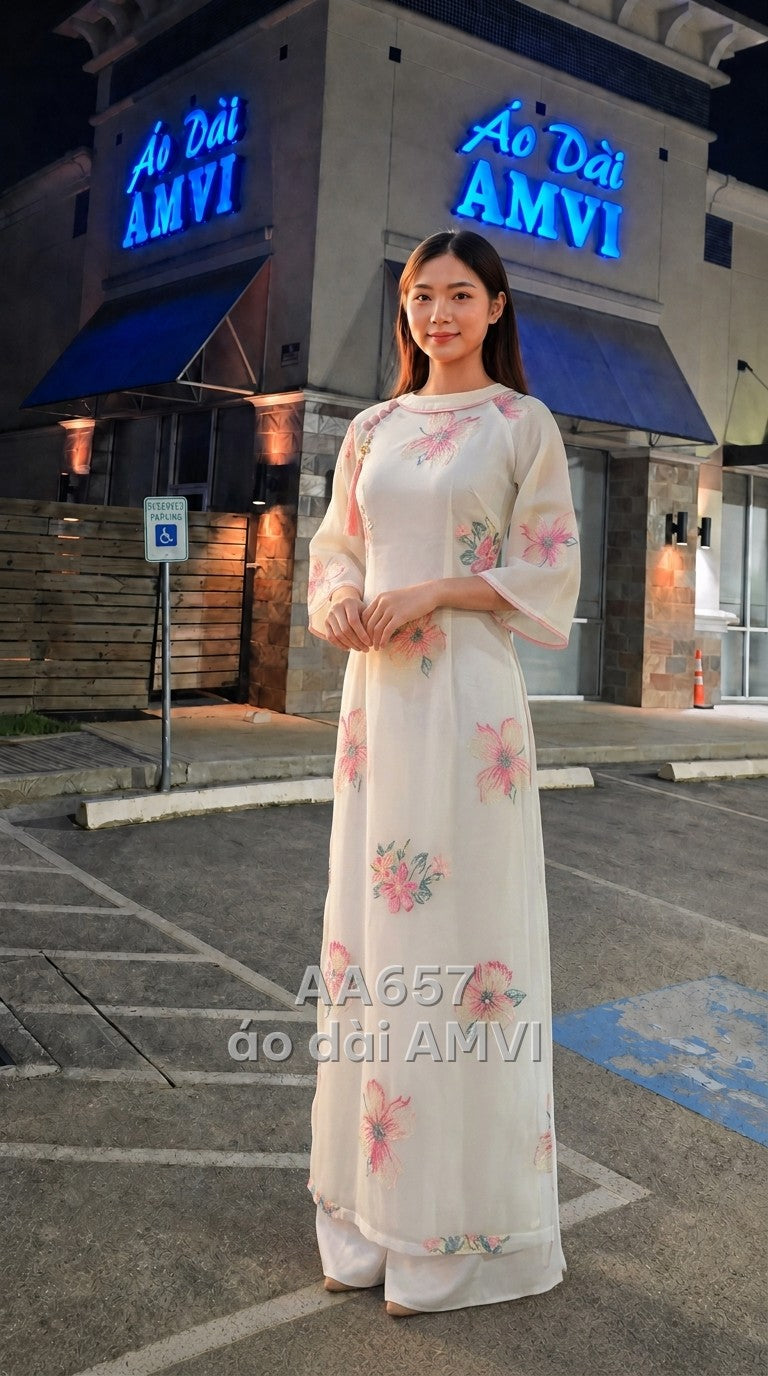 Áo dài lụa voan kem thêu hoa đa sắc thanh lịch dự tiệc, mã AA657