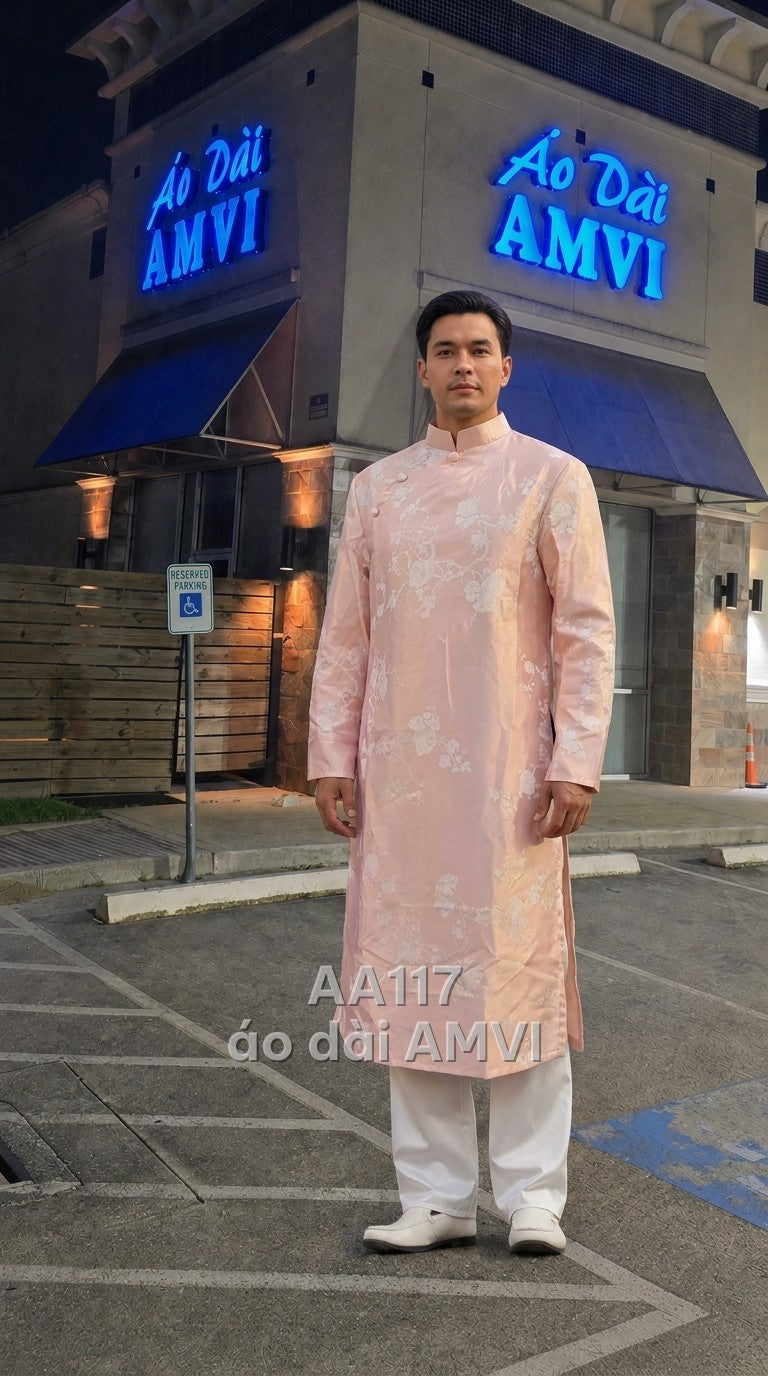 Áo dài nam lụa hồng họa tiết hoa lá thêu nổi cổ điển sang trọng, mã AA117